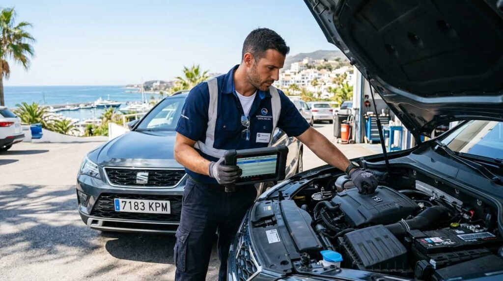 autoguard-spain-franchise-car-inspector-obd.jpg Alt Text: AutoGuard Spain franchise territory owner using OBD diagnostic equipment during a pre-purchase car inspection